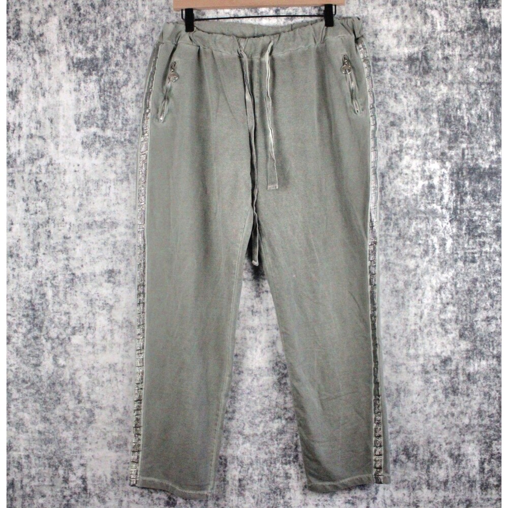 Tempo Paris Womens Size L Sage Green Racing Strip Zipper Pockets Pants Joggers